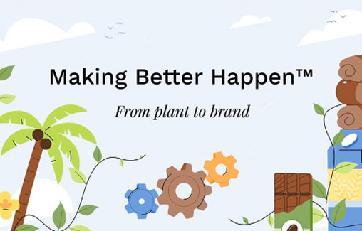 Palm tree, gears, chocolate bar, with text that states, Making Better Happen™ From Plant to Brand